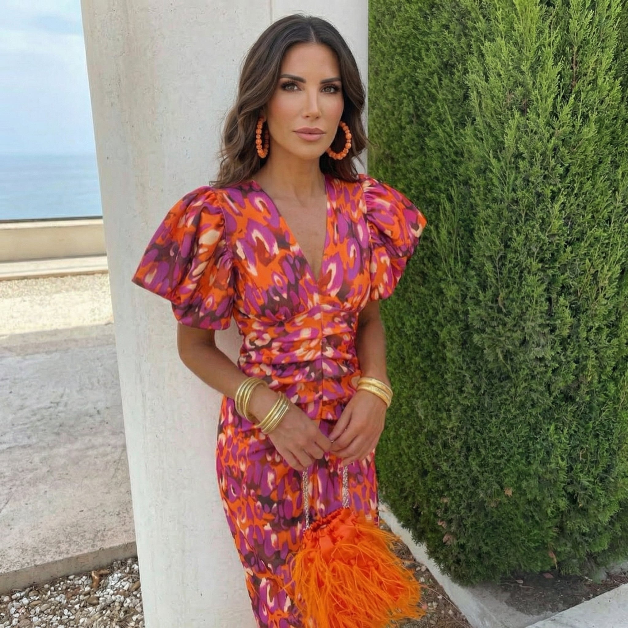 Vestido Ana Elegante Verão - Laranja/Roxo Púrpura